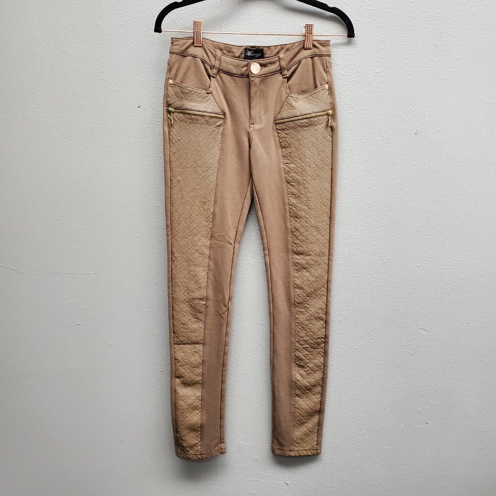 Marezzi Pants Womens Small Brown Quilted Moto Skinny Stretch Gold Zip Casual